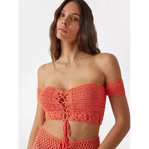 Yarnzins Crochet Lace Up Crop Top Womens S Coral Pink Off Shoulder Cottage Indie